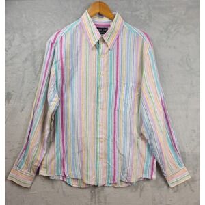 Mine Linen Shirt Mens Large Long Sleeve‎ Pink Purple Blue Striped Casual Beach
